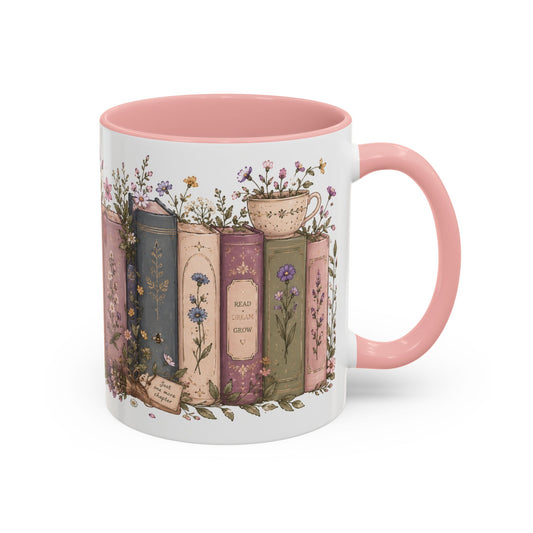 Floral Vintage Books Coffee Mug — Pink Accent Novel Lover Gift