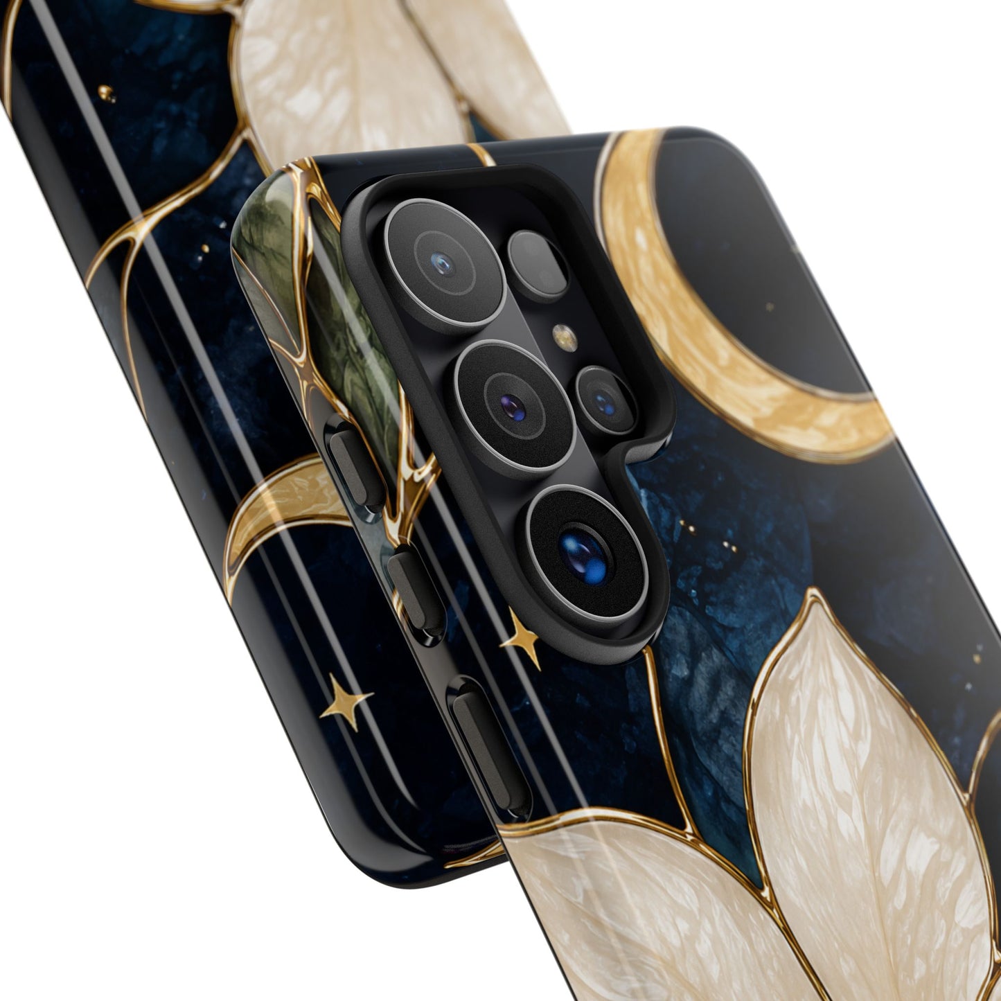 Midnight Blooms Floral Moon Tough Phone Case — Gold Crescent & White Blossom on Navy