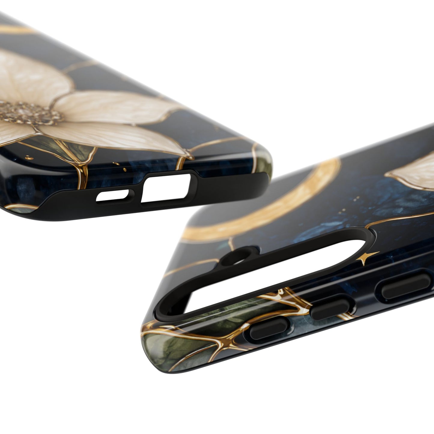 Midnight Blooms Floral Moon Tough Phone Case — Gold Crescent & White Blossom on Navy