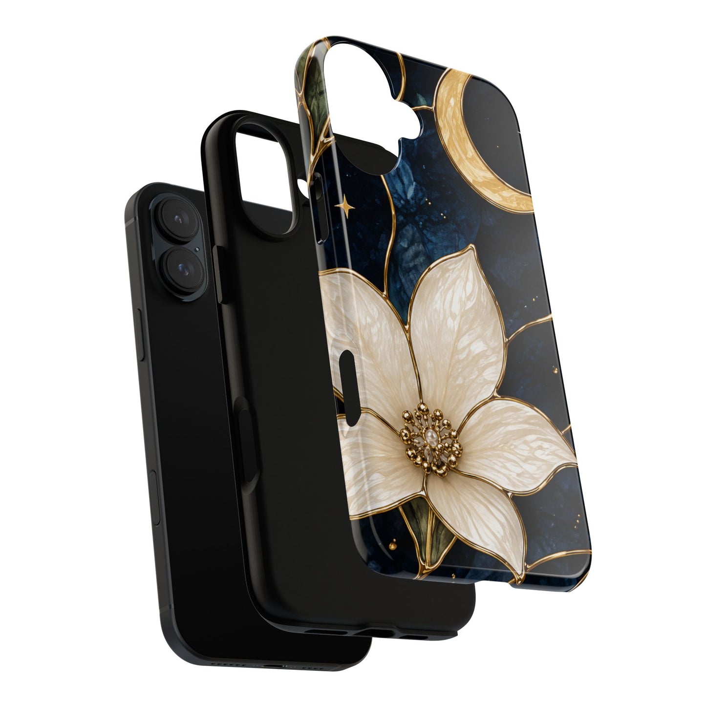 Midnight Blooms Floral Moon Tough Phone Case — Gold Crescent & White Blossom on Navy