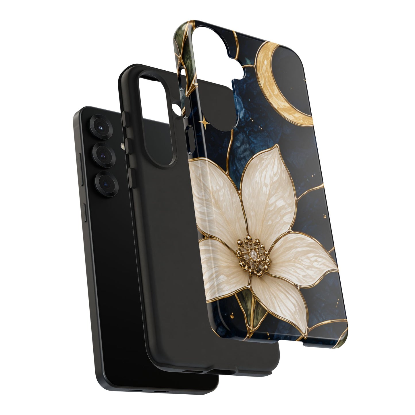 Midnight Blooms Floral Moon Tough Phone Case — Gold Crescent & White Blossom on Navy