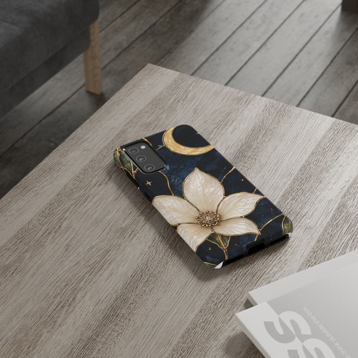Midnight Blooms Floral Moon Tough Phone Case — Gold Crescent & White Blossom on Navy