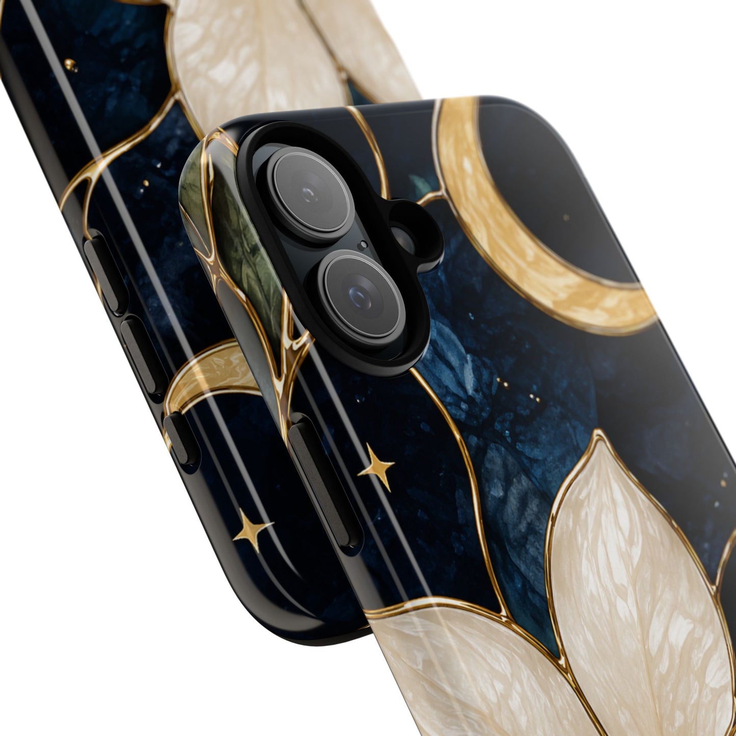 Midnight Blooms Floral Moon Tough Phone Case — Gold Crescent & White Blossom on Navy