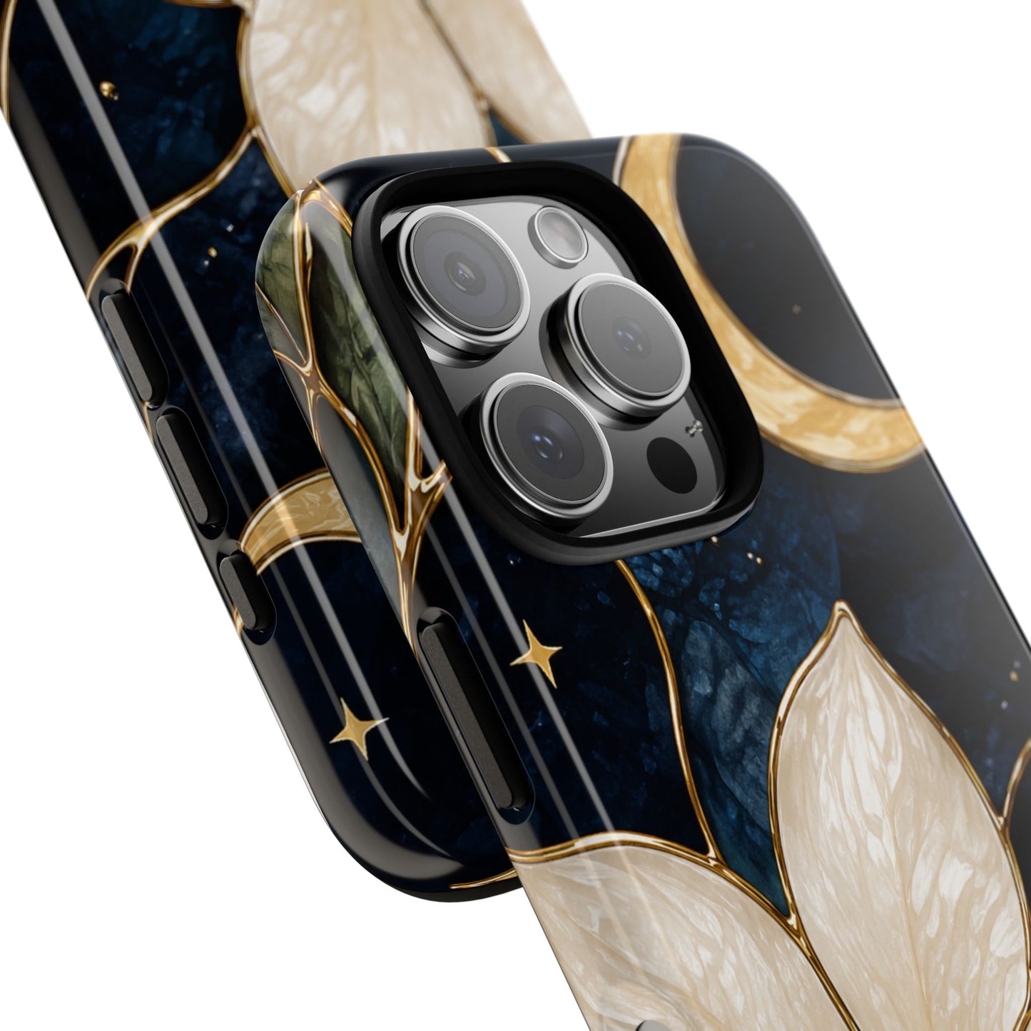Midnight Blooms Floral Moon Tough Phone Case — Gold Crescent & White Blossom on Navy