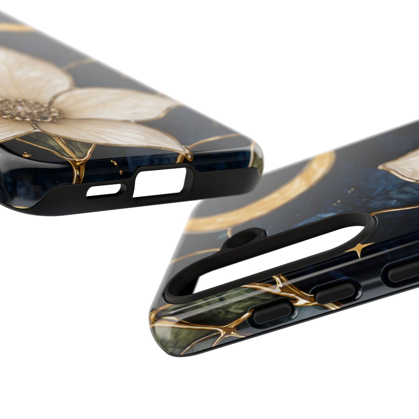 Midnight Blooms Floral Moon Tough Phone Case — Gold Crescent & White Blossom on Navy