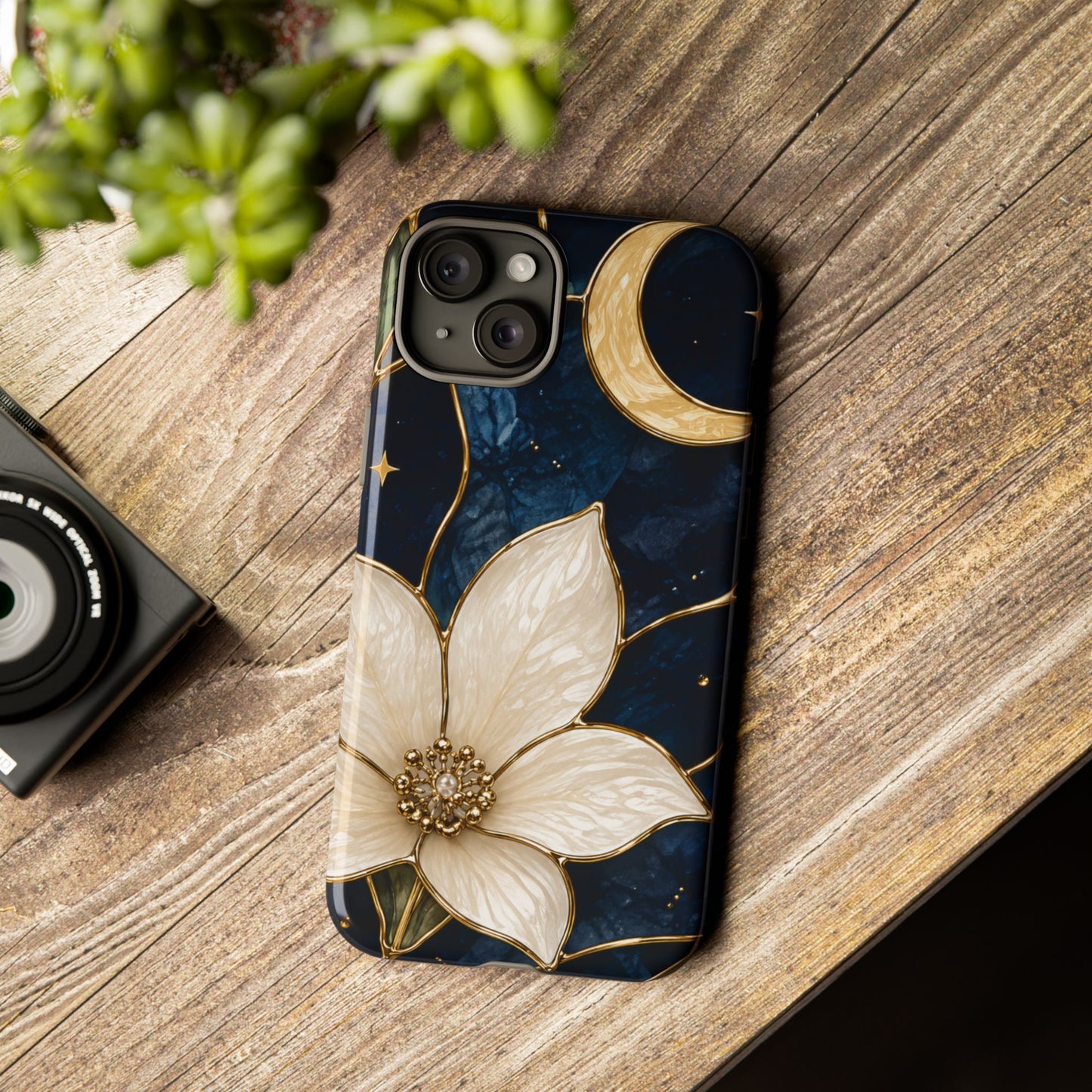 Midnight Blooms Floral Moon Tough Phone Case — Gold Crescent & White Blossom on Navy