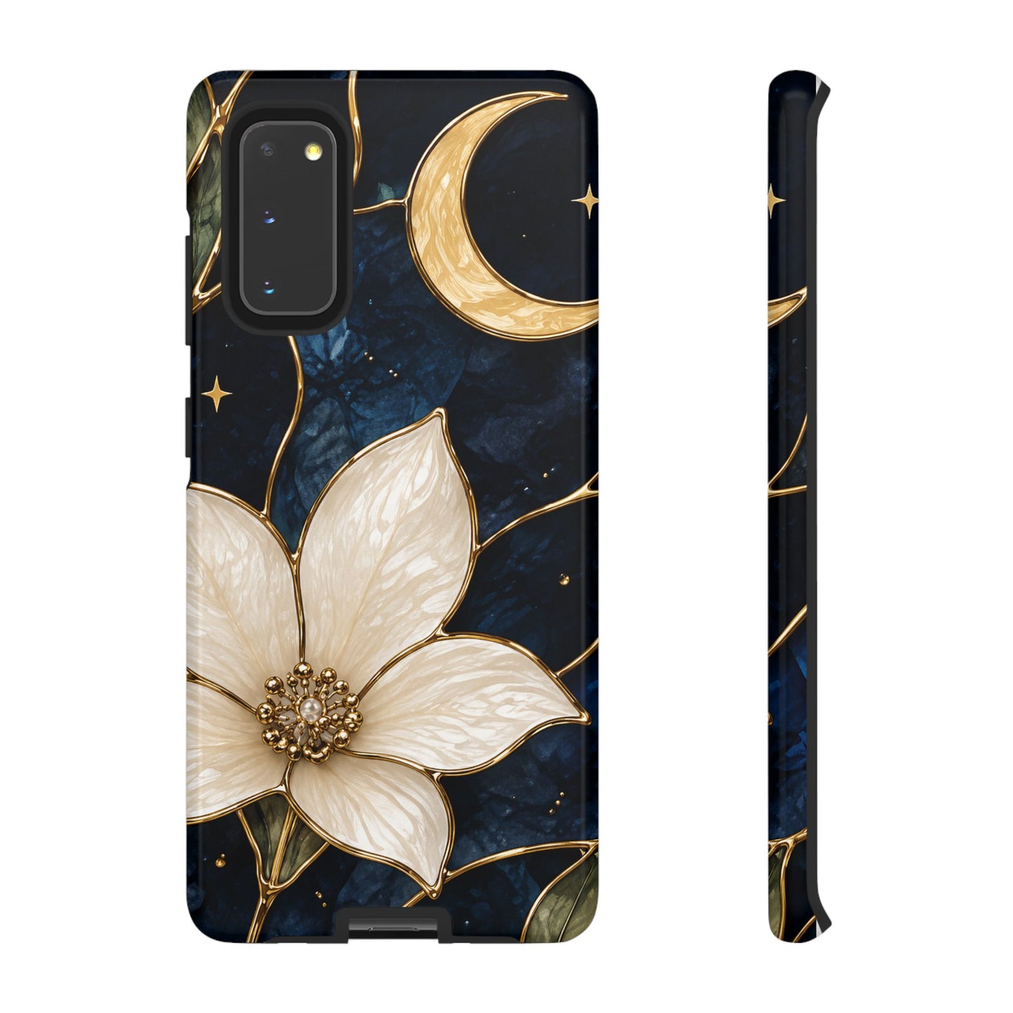 Midnight Blooms Floral Moon Tough Phone Case — Gold Crescent & White Blossom on Navy