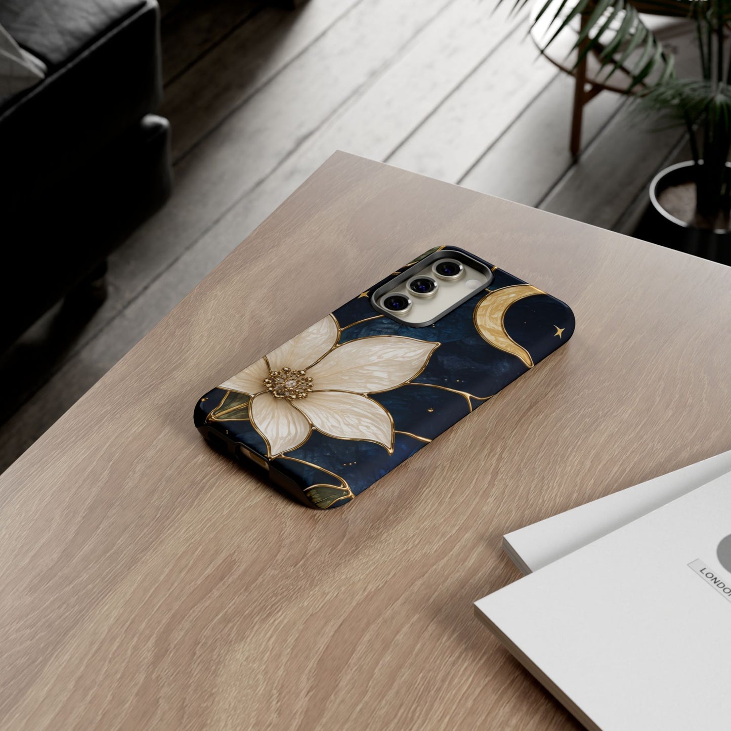 Midnight Blooms Floral Moon Tough Phone Case — Gold Crescent & White Blossom on Navy