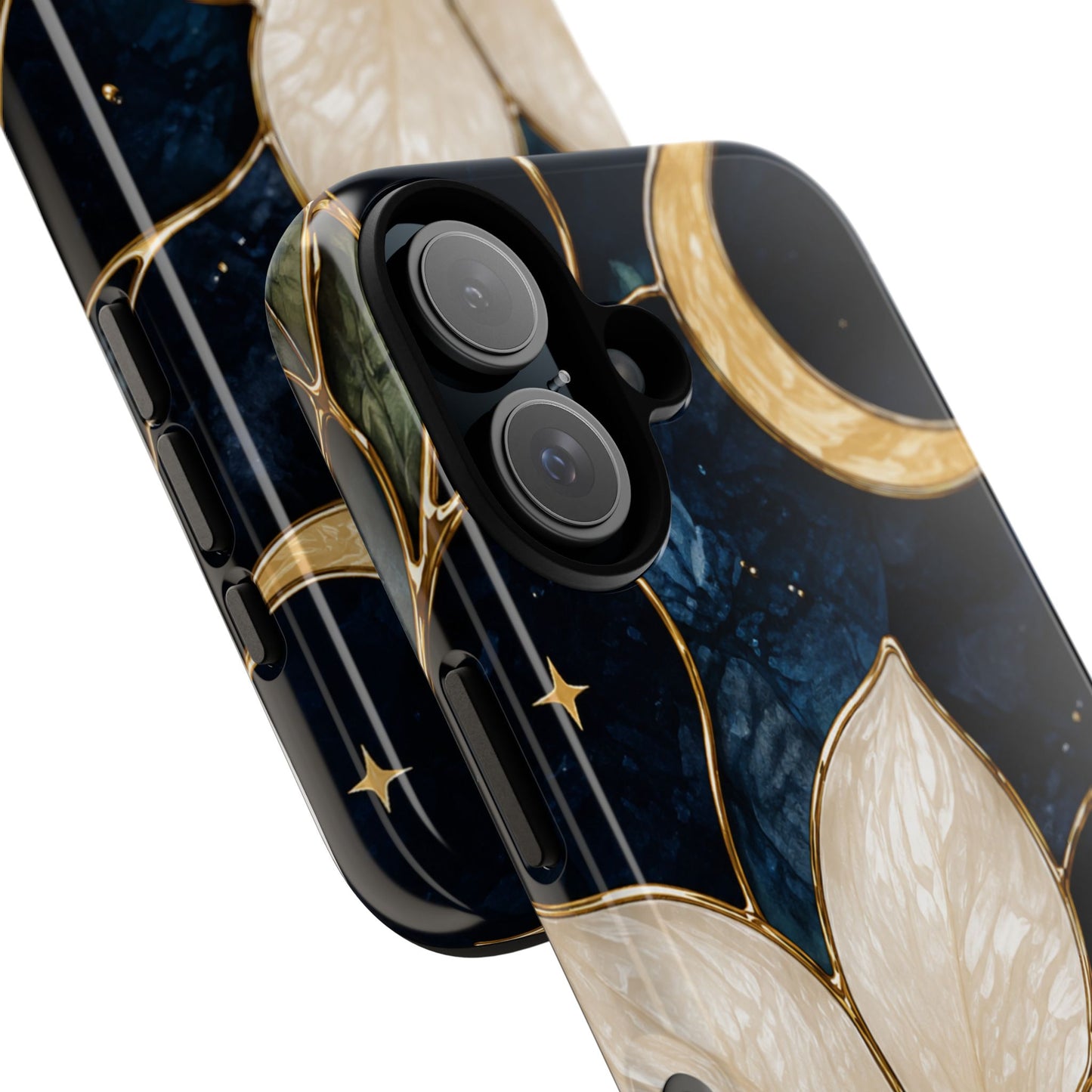 Midnight Blooms Floral Moon Tough Phone Case — Gold Crescent & White Blossom on Navy
