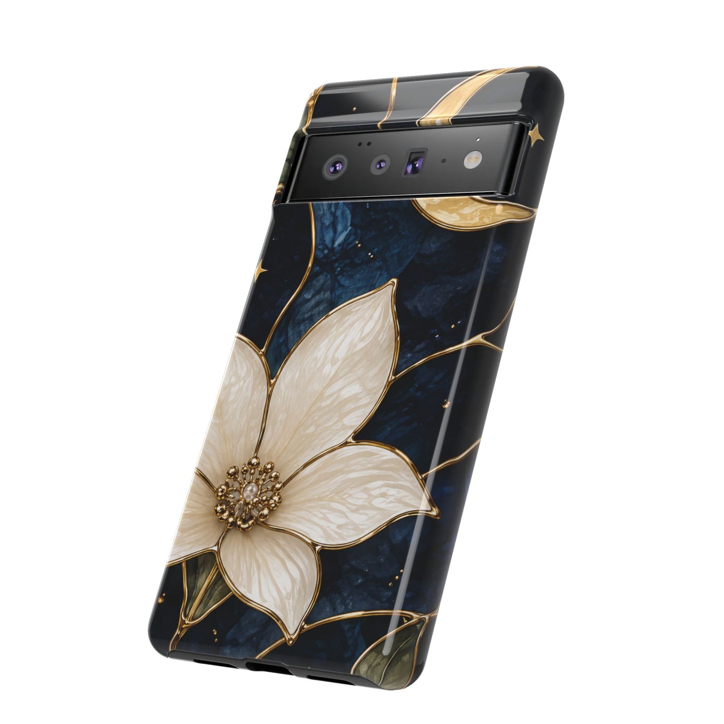 Midnight Blooms Floral Moon Tough Phone Case — Gold Crescent & White Blossom on Navy