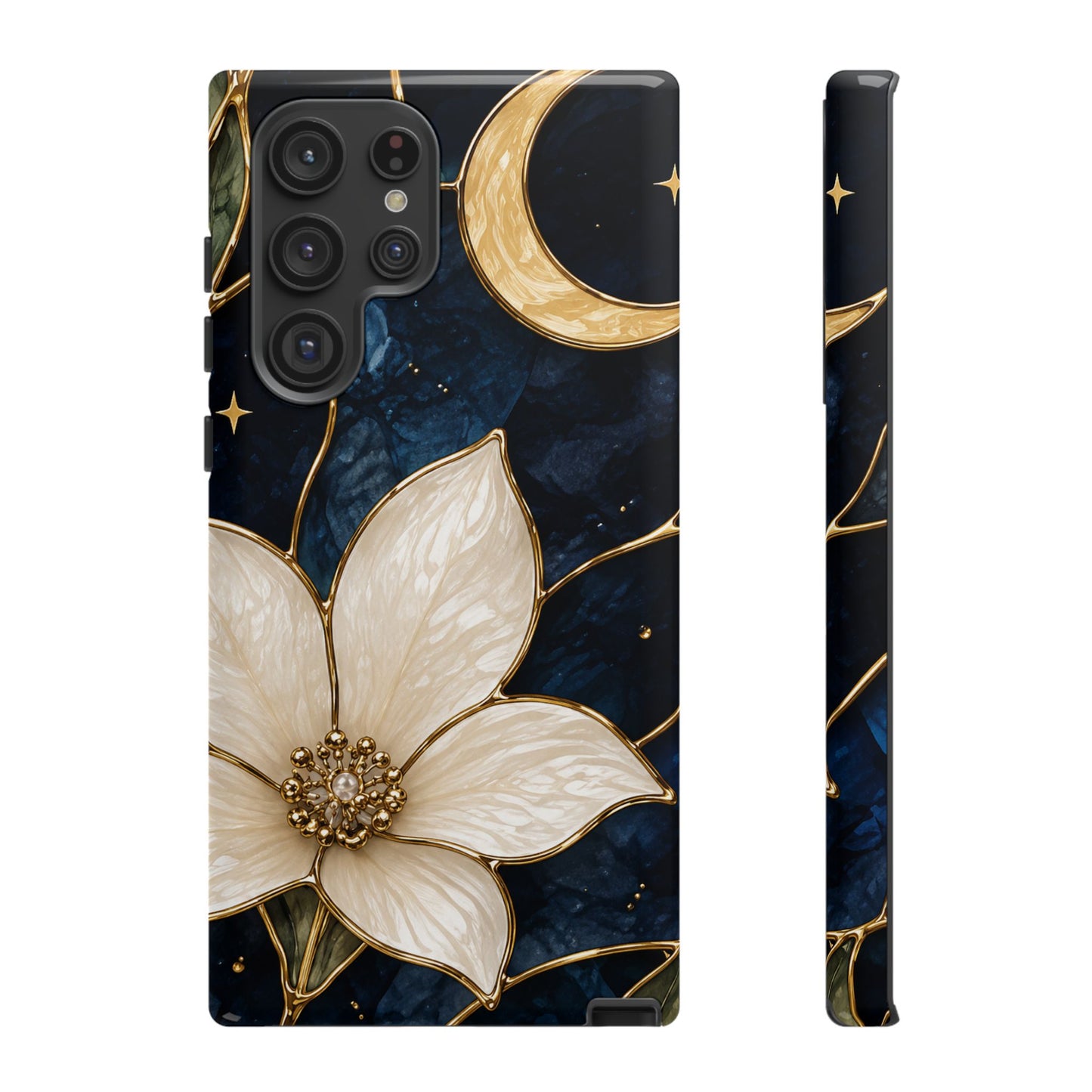 Midnight Blooms Floral Moon Tough Phone Case — Gold Crescent & White Blossom on Navy