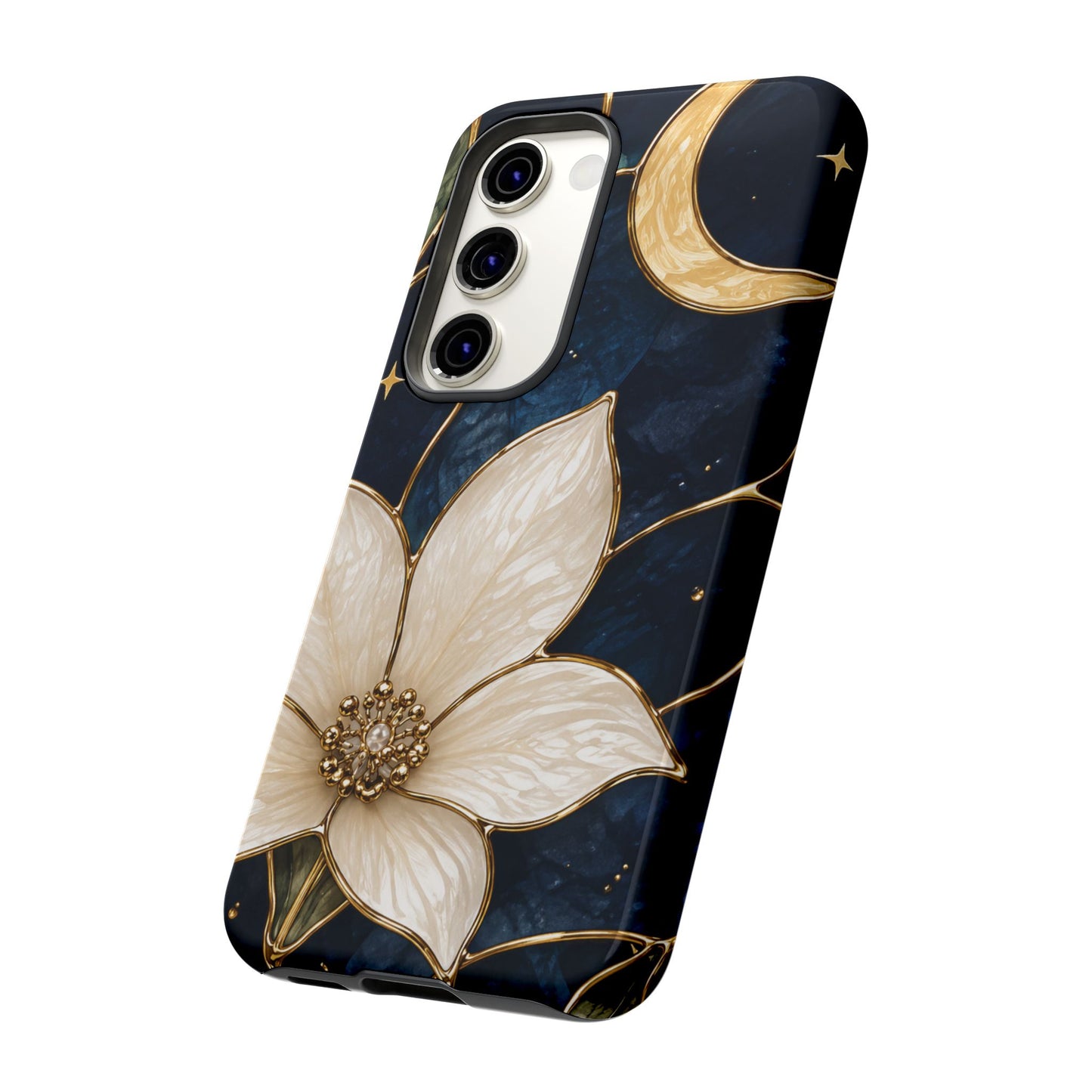 Midnight Blooms Floral Moon Tough Phone Case — Gold Crescent & White Blossom on Navy