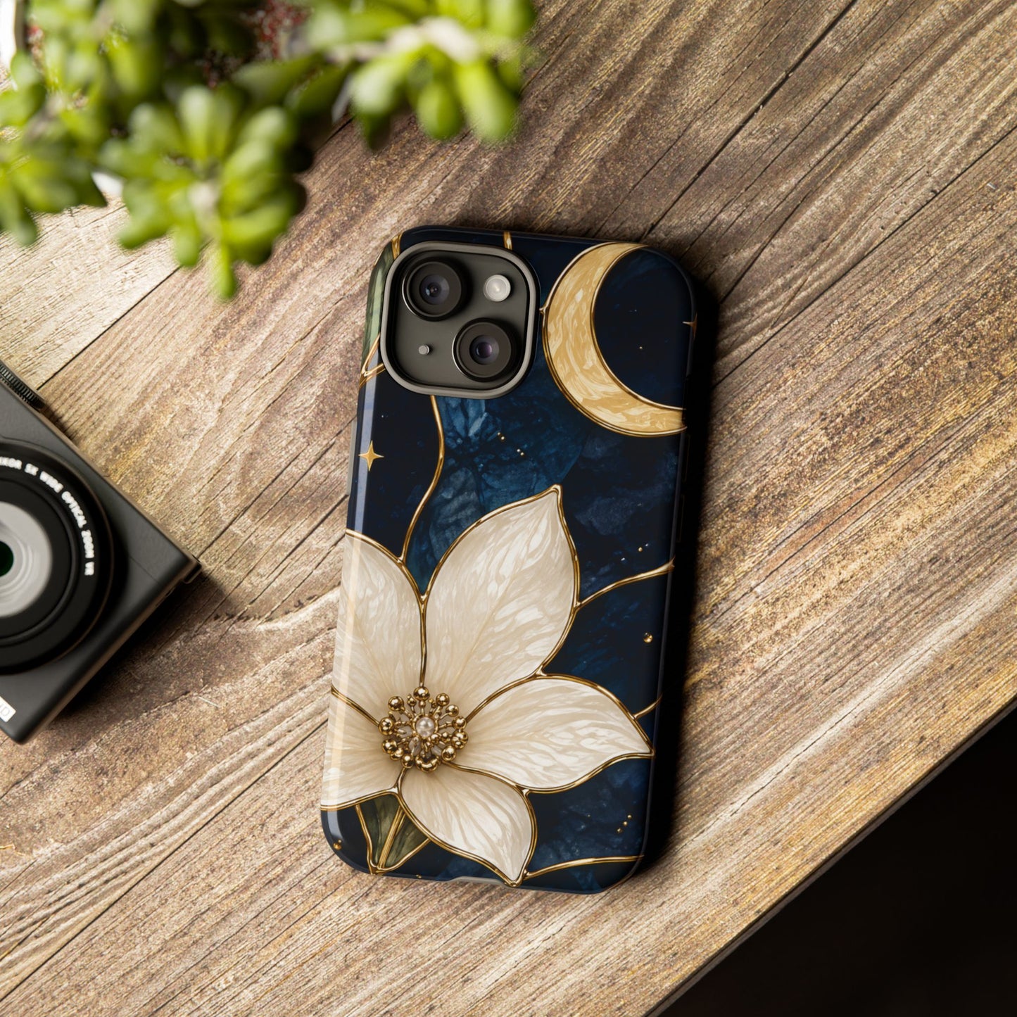 Midnight Blooms Floral Moon Tough Phone Case — Gold Crescent & White Blossom on Navy