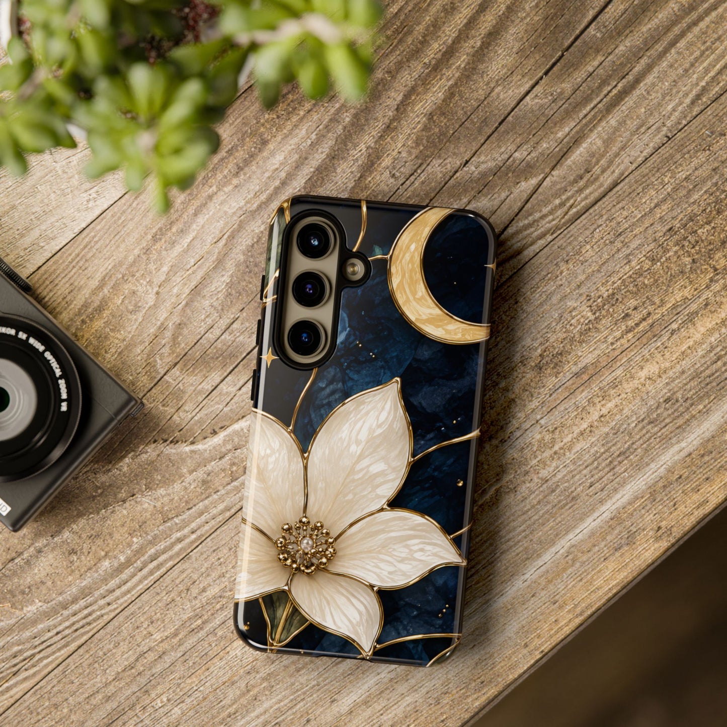 Midnight Blooms Floral Moon Tough Phone Case — Gold Crescent & White Blossom on Navy