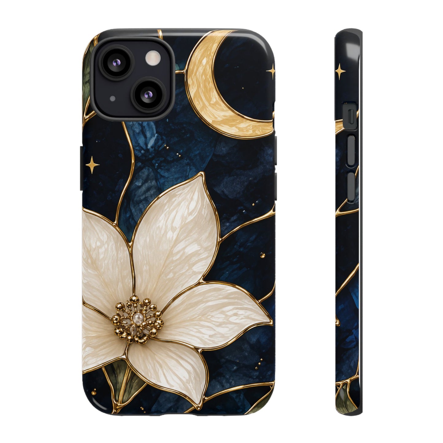Midnight Blooms Floral Moon Tough Phone Case — Gold Crescent & White Blossom on Navy