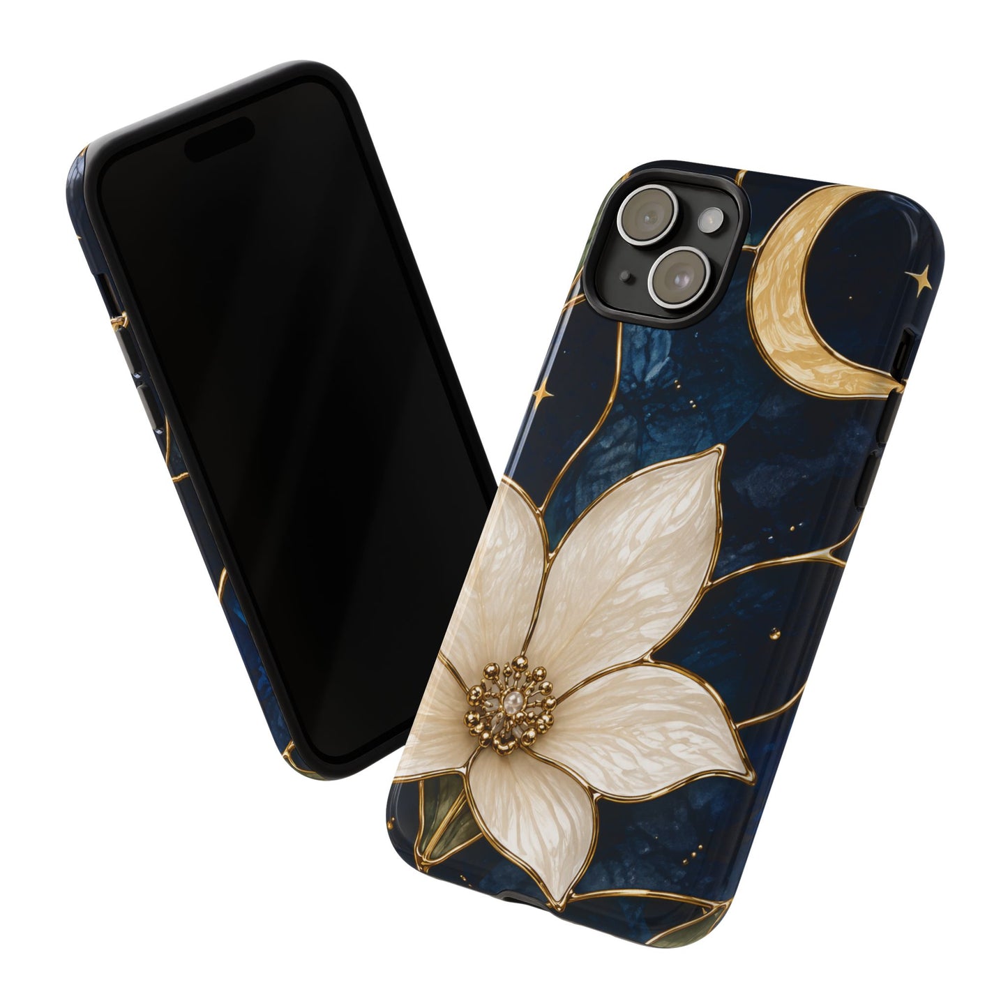 Midnight Blooms Floral Moon Tough Phone Case — Gold Crescent & White Blossom on Navy