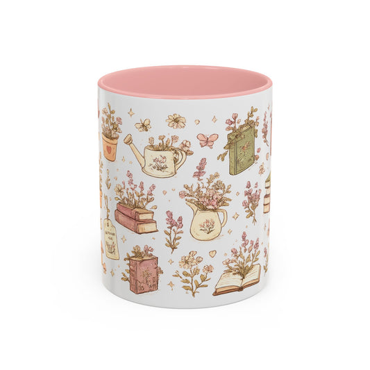Floral Books & Tea Accent Coffee Mug — Pink Interior 11/15 oz