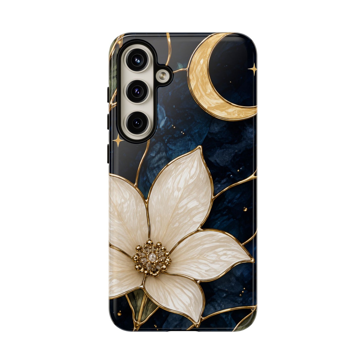 Midnight Blooms Floral Moon Tough Phone Case — Gold Crescent & White Blossom on Navy