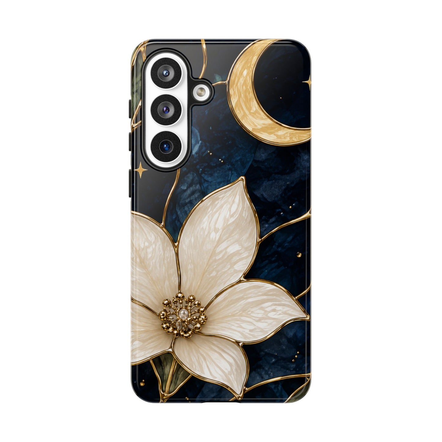 Midnight Blooms Floral Moon Tough Phone Case — Gold Crescent & White Blossom on Navy