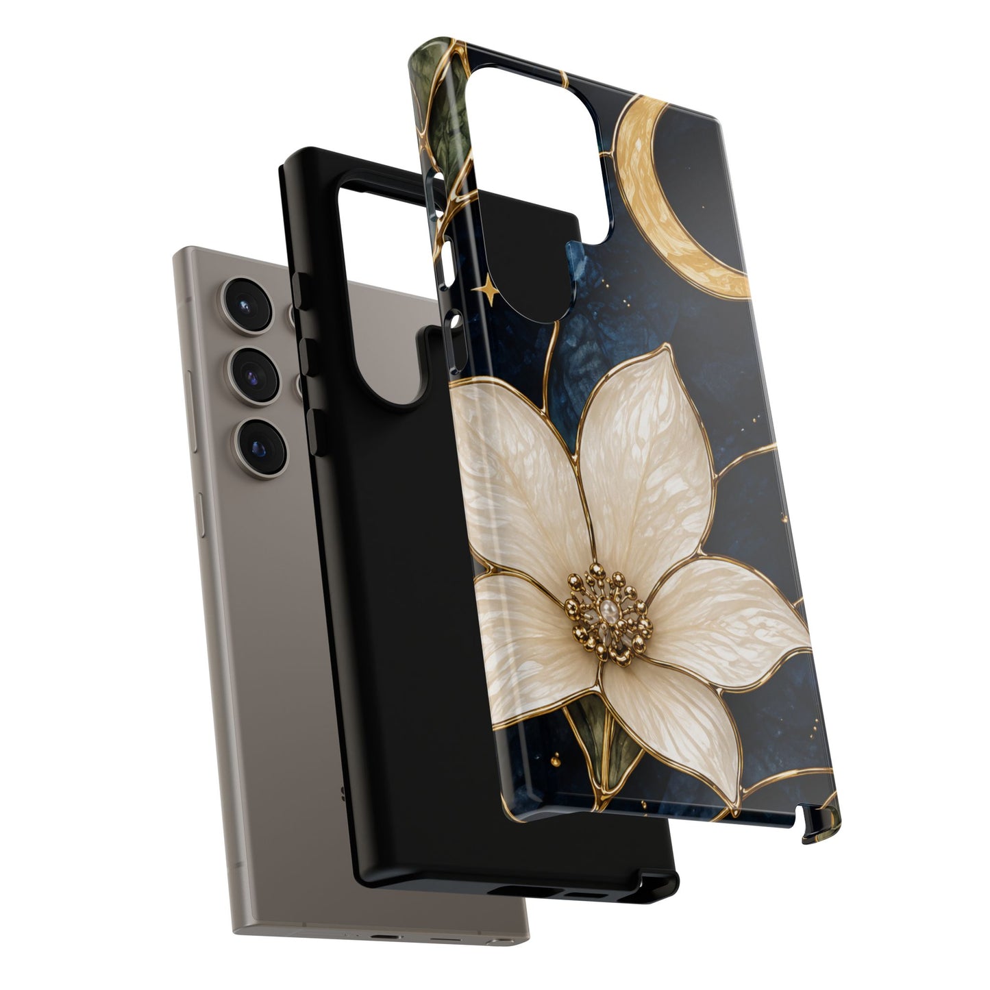 Midnight Blooms Floral Moon Tough Phone Case — Gold Crescent & White Blossom on Navy
