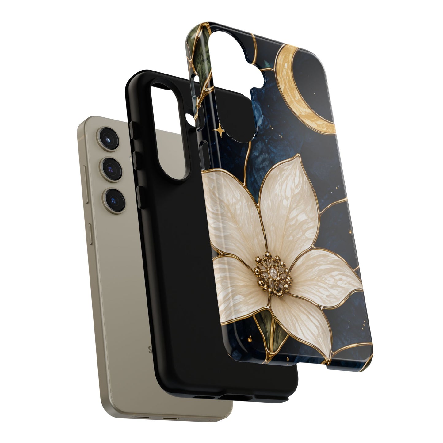 Midnight Blooms Floral Moon Tough Phone Case — Gold Crescent & White Blossom on Navy