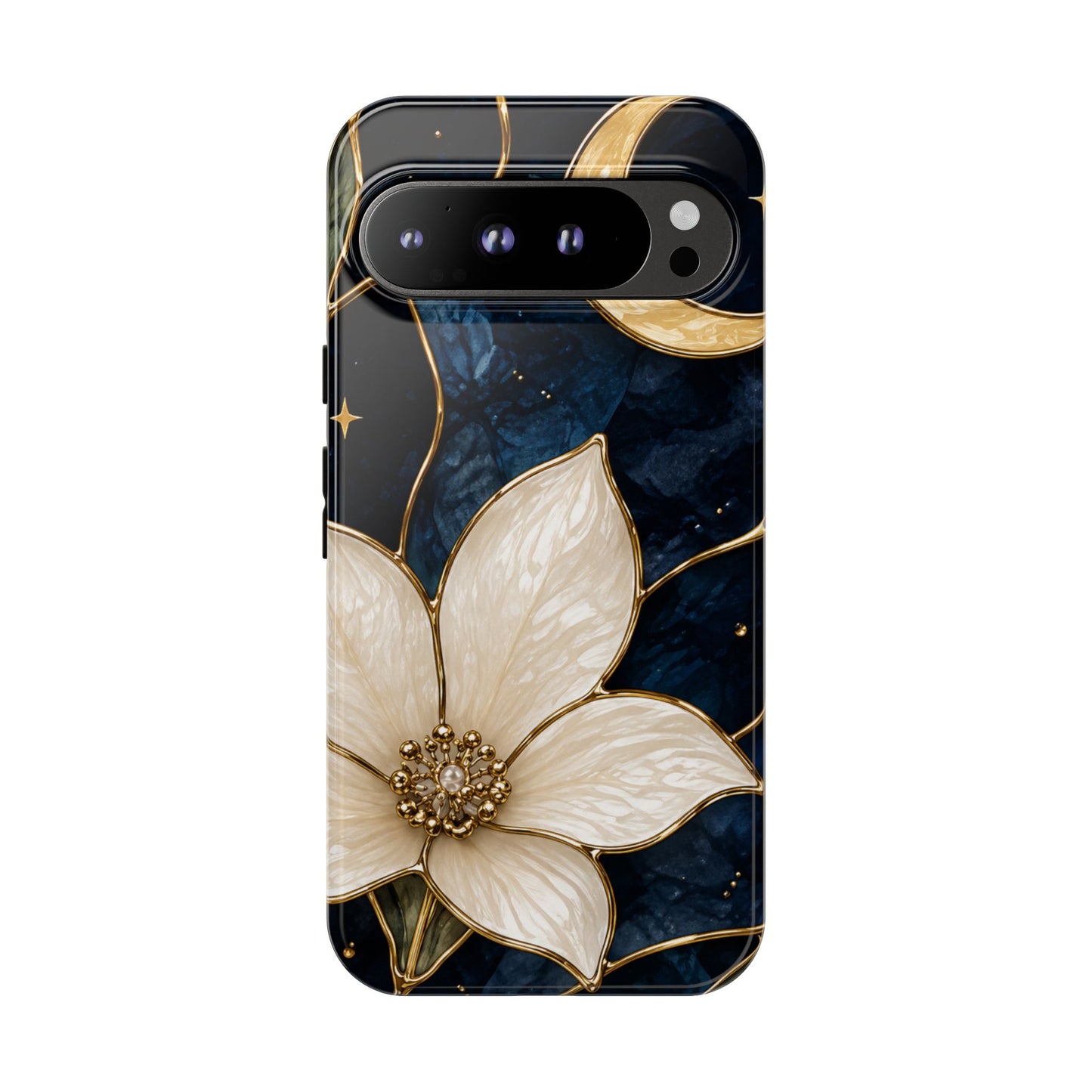 Midnight Blooms Floral Moon Tough Phone Case — Gold Crescent & White Blossom on Navy