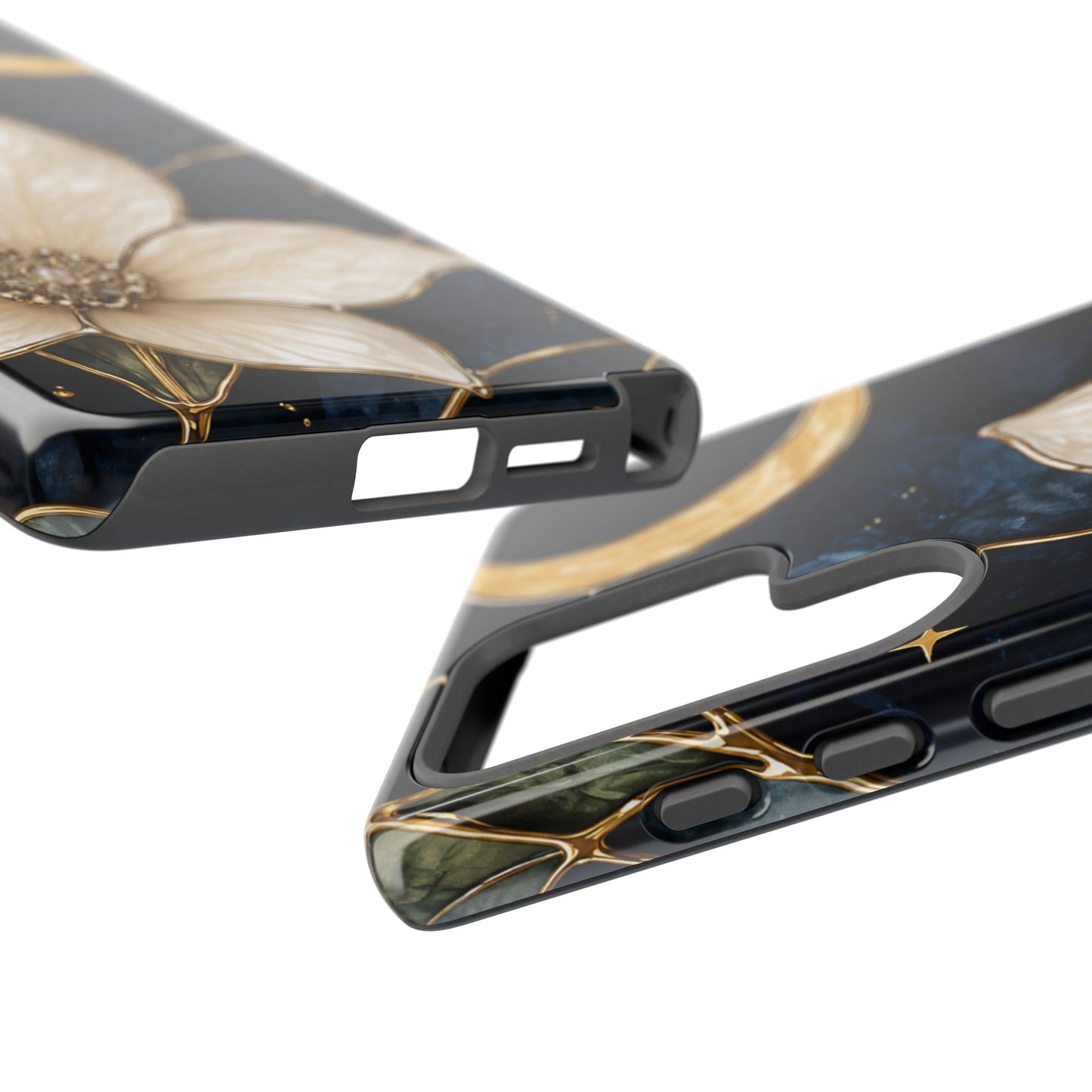Midnight Blooms Floral Moon Tough Phone Case — Gold Crescent & White Blossom on Navy