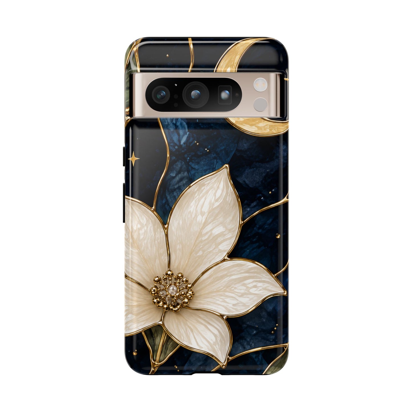 Midnight Blooms Floral Moon Tough Phone Case — Gold Crescent & White Blossom on Navy
