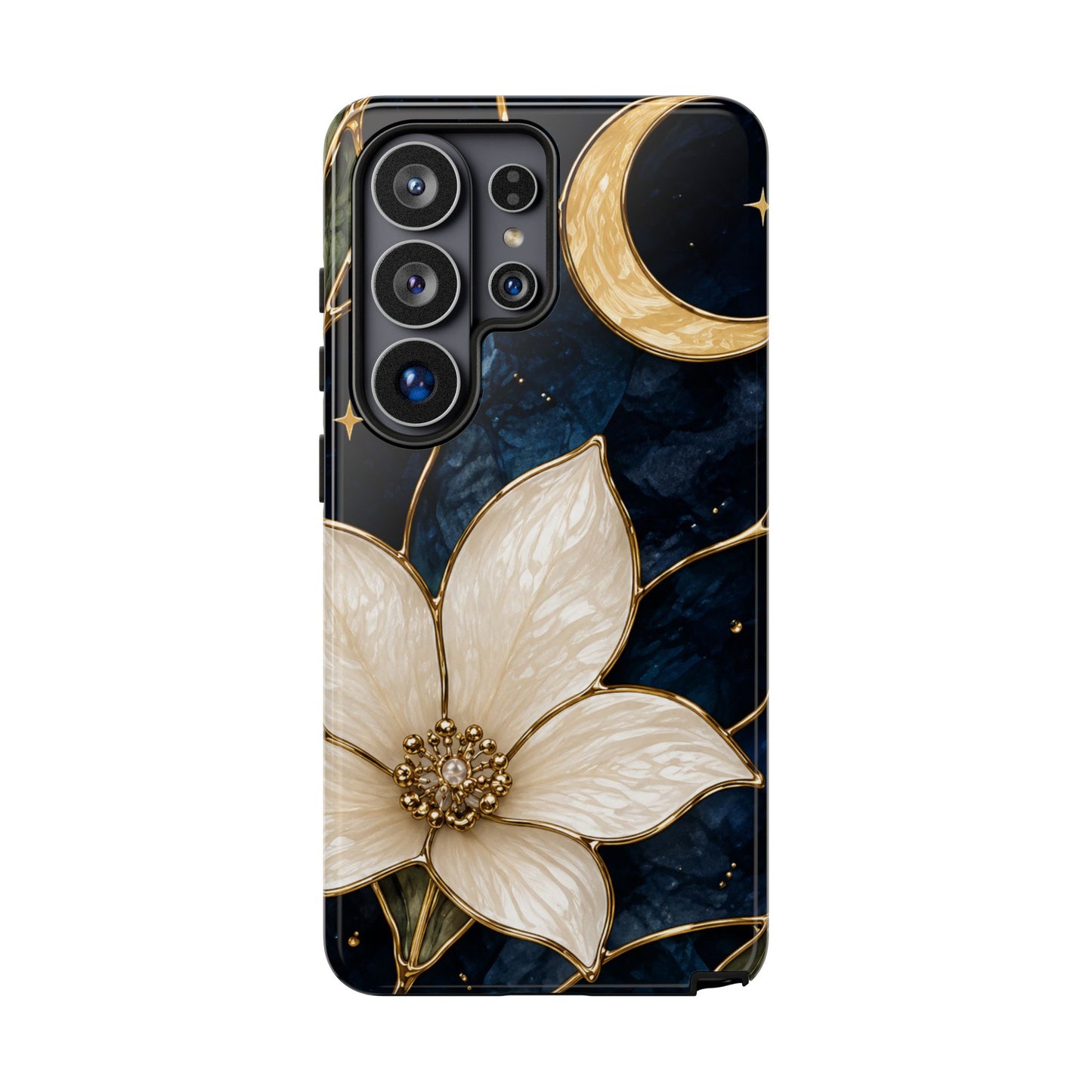 Midnight Blooms Floral Moon Tough Phone Case — Gold Crescent & White Blossom on Navy