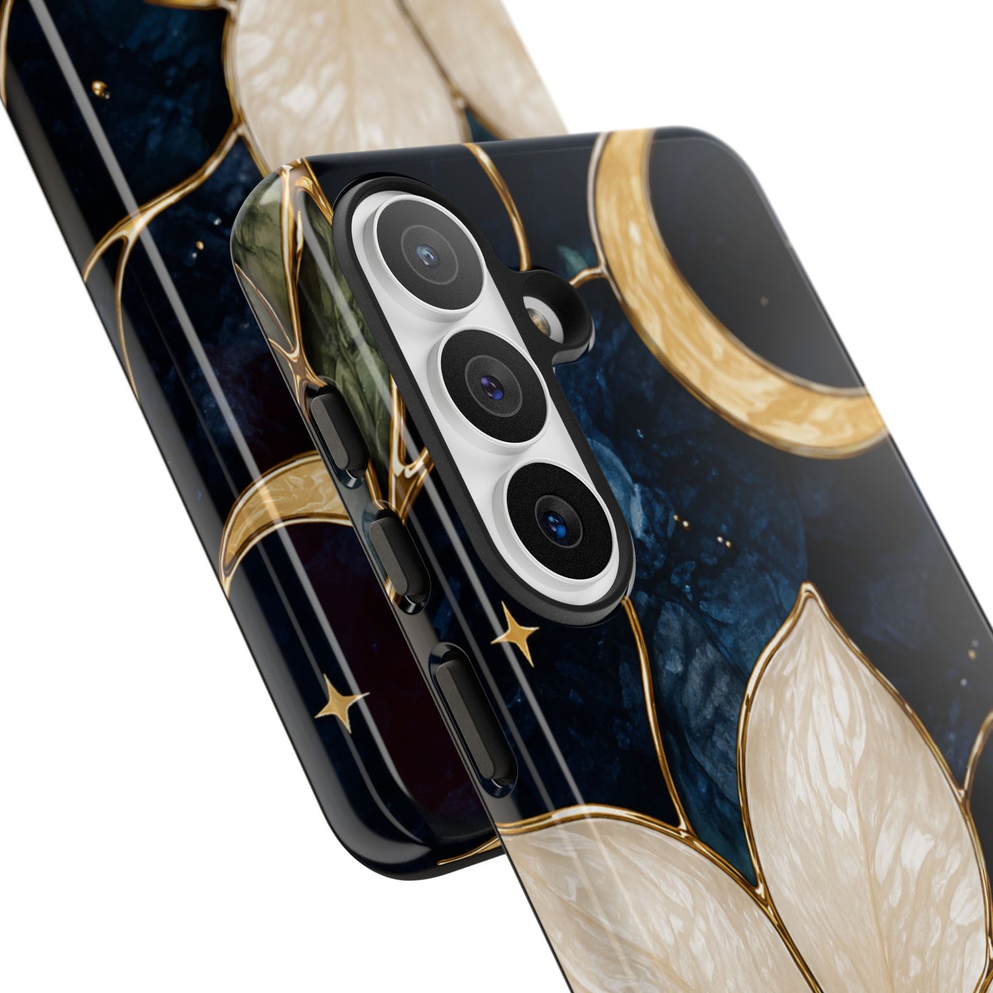 Midnight Blooms Floral Moon Tough Phone Case — Gold Crescent & White Blossom on Navy
