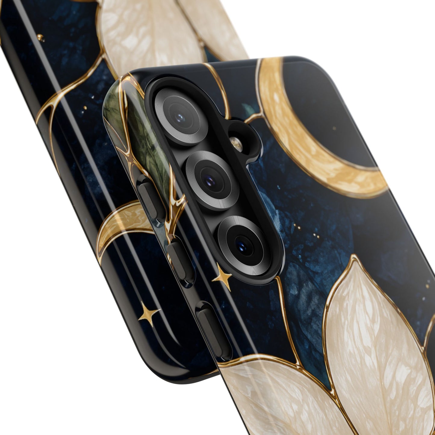 Midnight Blooms Floral Moon Tough Phone Case — Gold Crescent & White Blossom on Navy