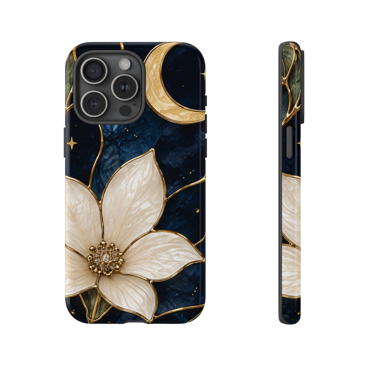Midnight Blooms Floral Moon Tough Phone Case — Gold Crescent & White Blossom on Navy
