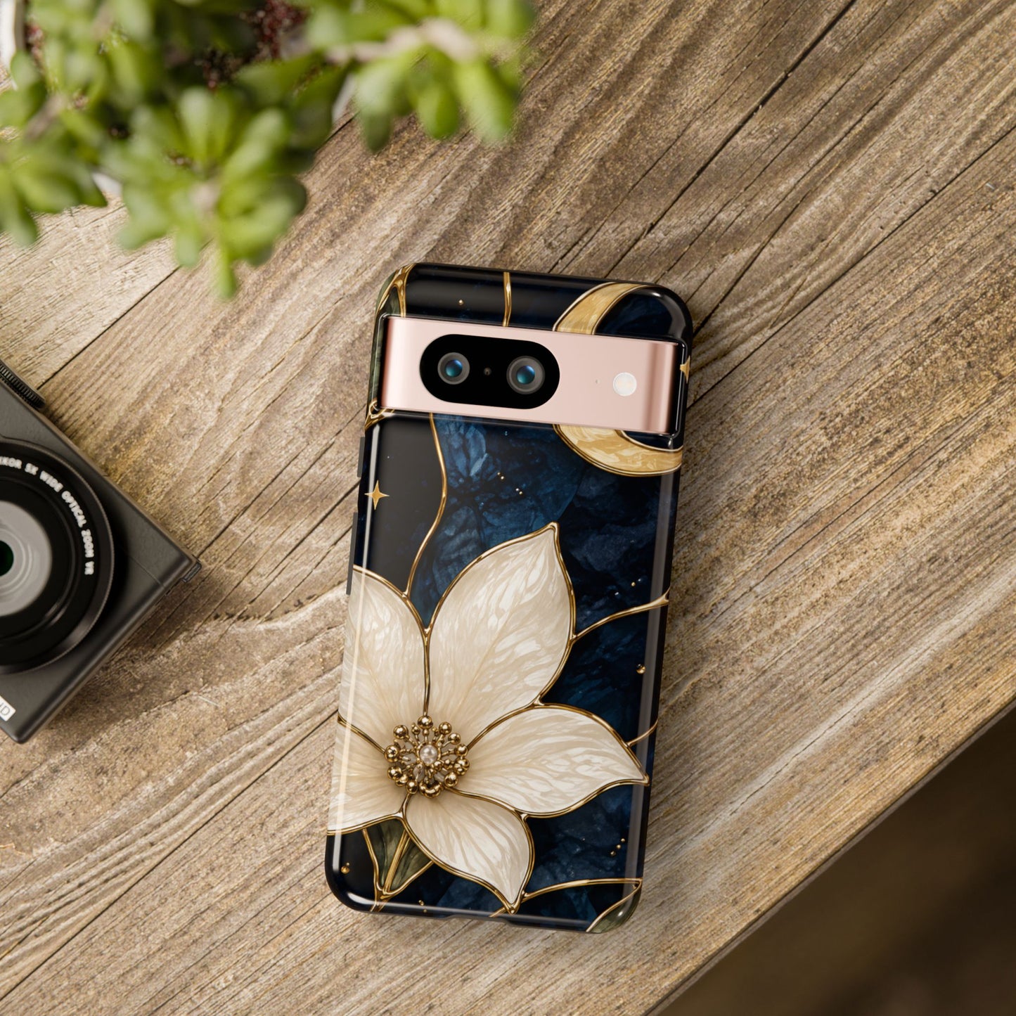 Midnight Blooms Floral Moon Tough Phone Case — Gold Crescent & White Blossom on Navy