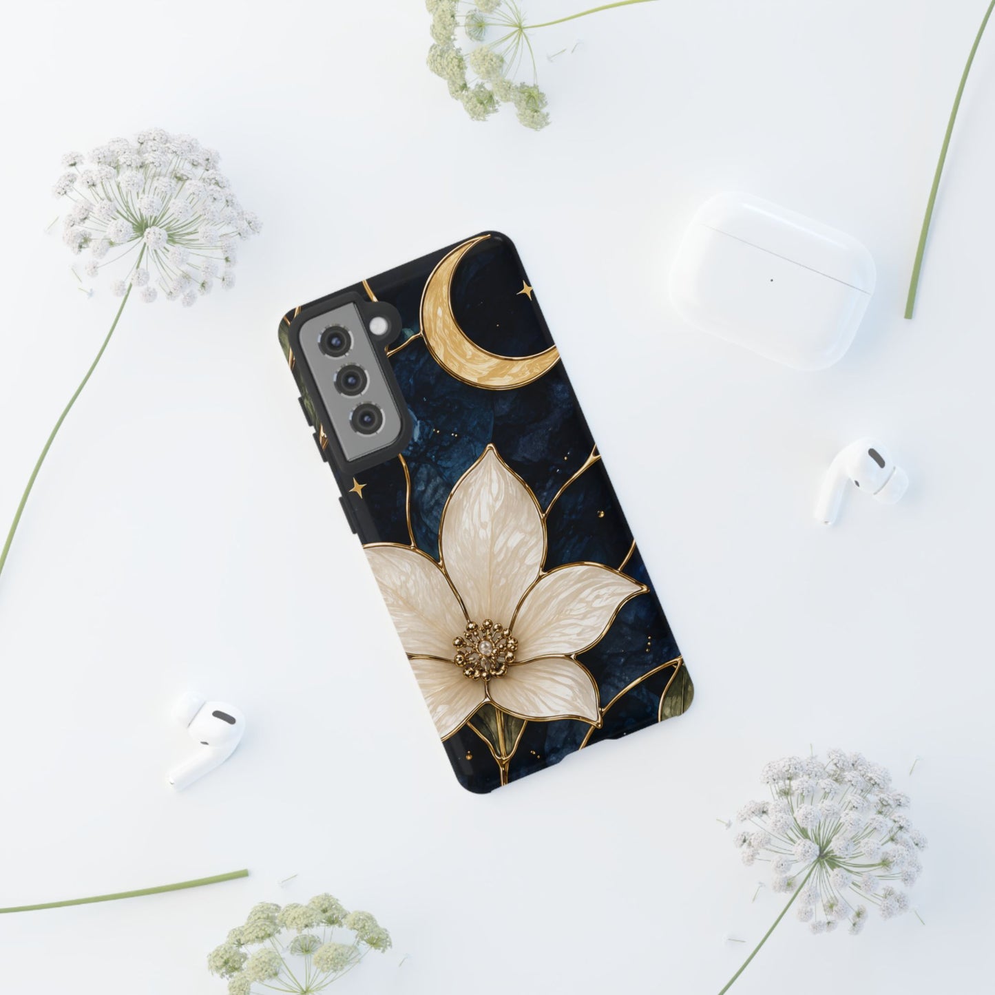 Midnight Blooms Floral Moon Tough Phone Case — Gold Crescent & White Blossom on Navy