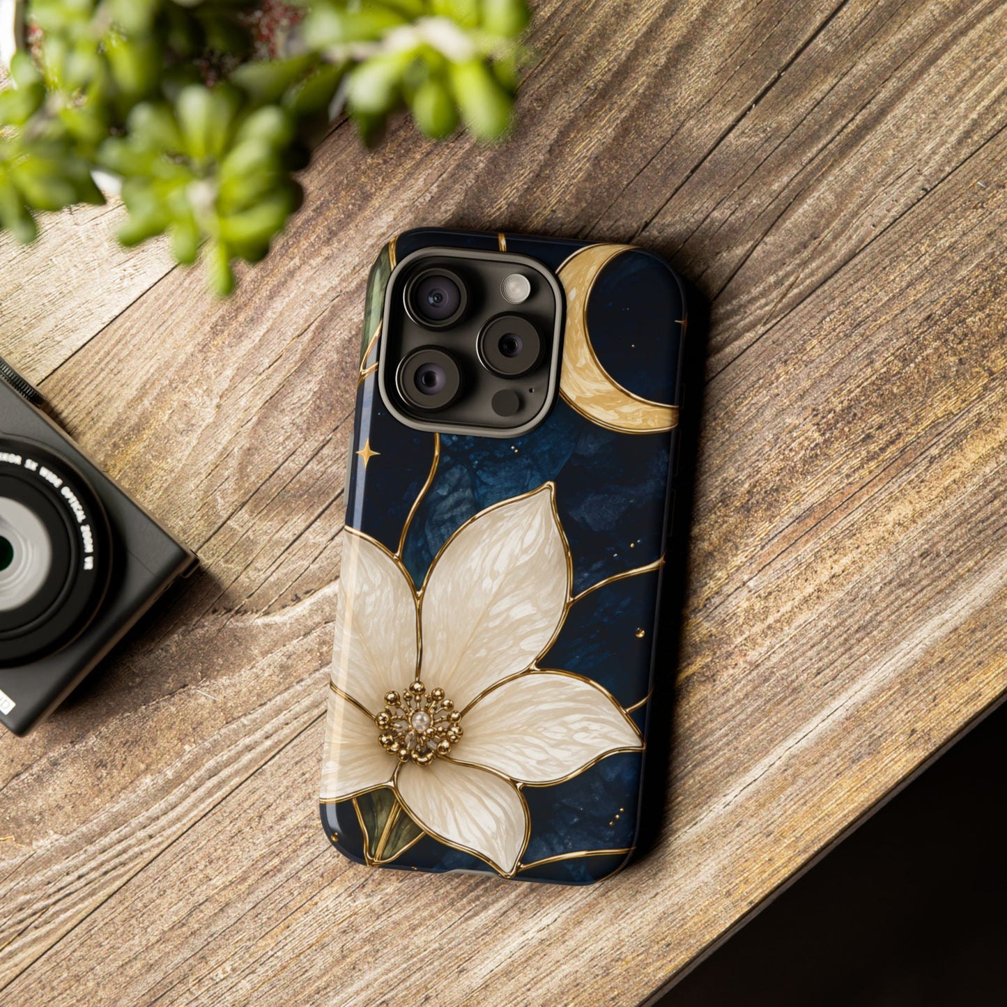 Midnight Blooms Floral Moon Tough Phone Case — Gold Crescent & White Blossom on Navy