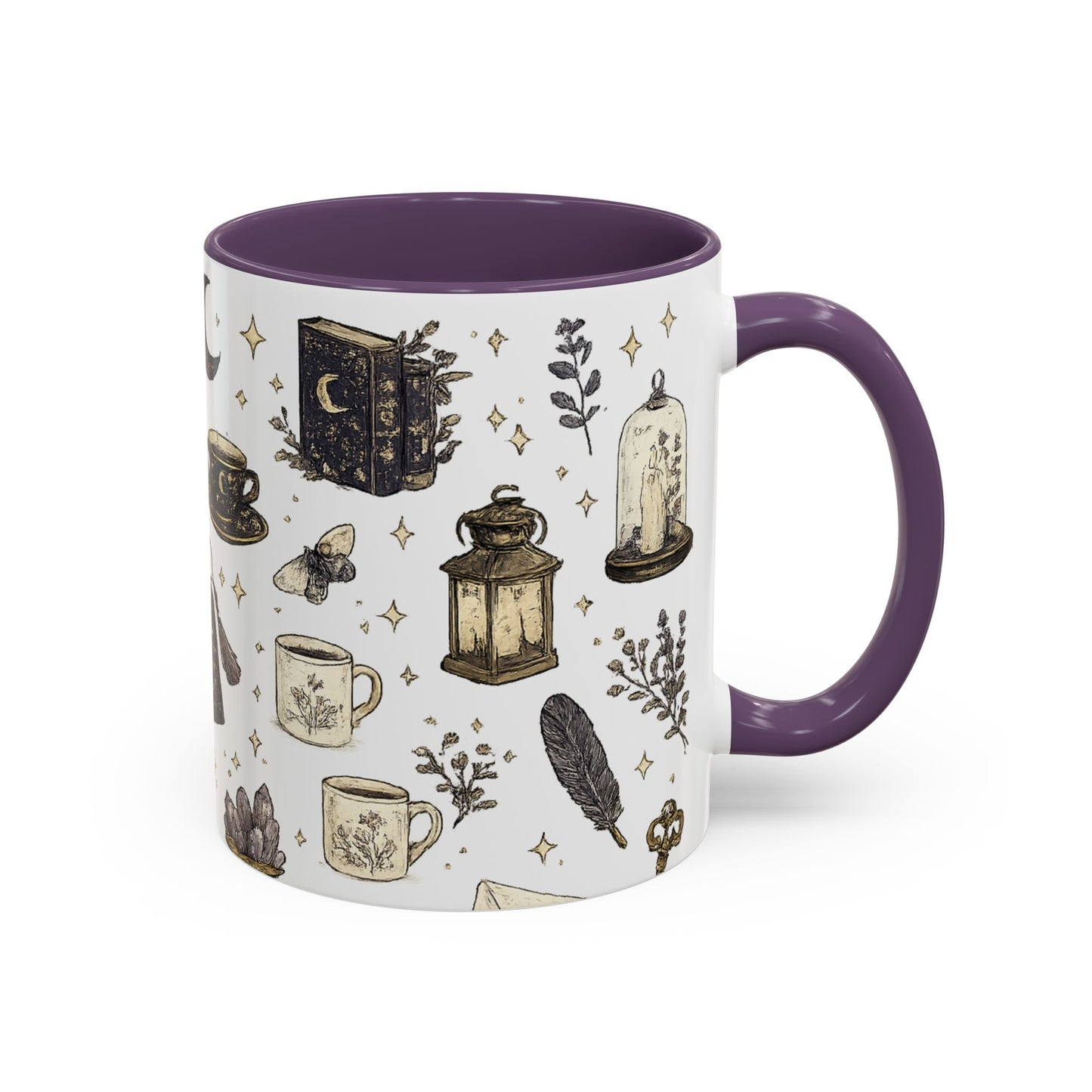 Mystic Tea & Books Accent Mug — Witchy Candle, Moon & Lantern Pattern (11/15 oz)