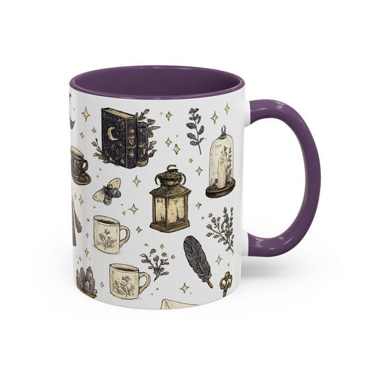 Mystic Tea & Books Accent Mug — Witchy Candle, Moon & Lantern Pattern (11/15 oz)