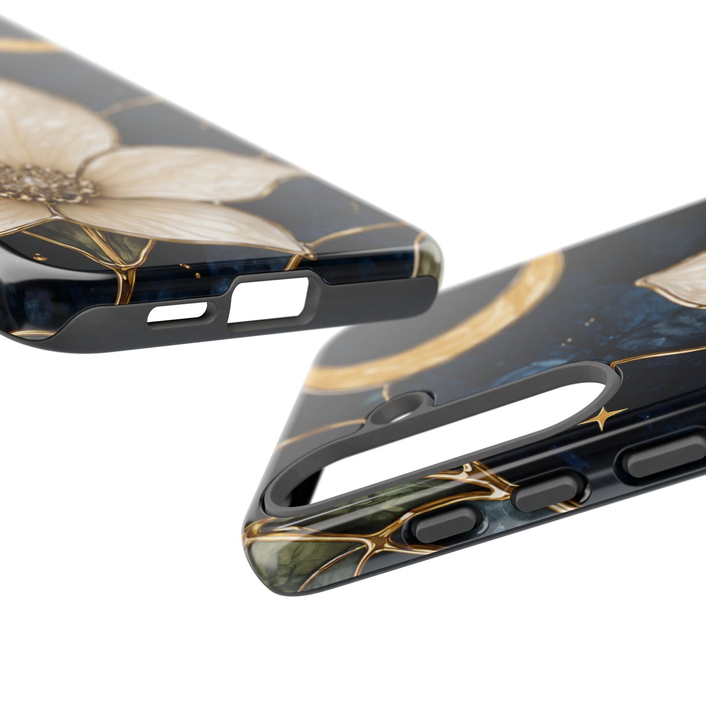 Midnight Blooms Floral Moon Tough Phone Case — Gold Crescent & White Blossom on Navy