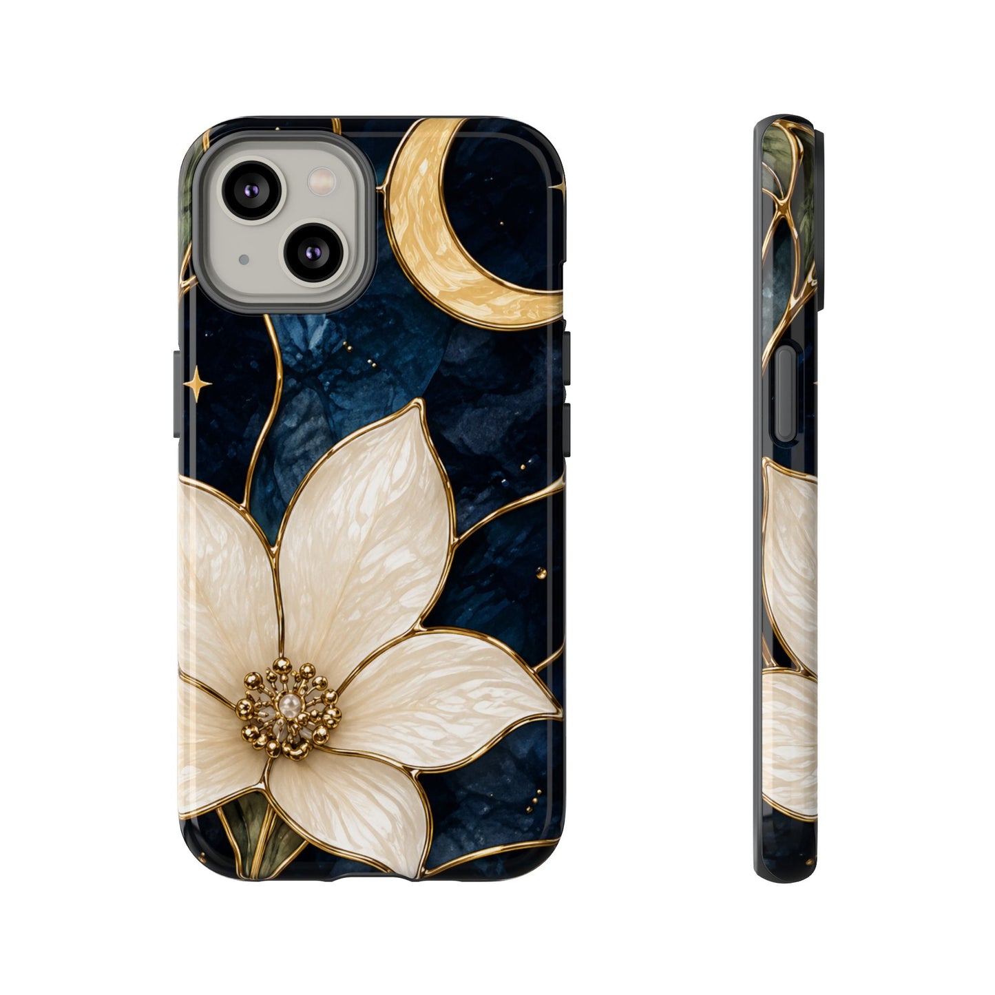 Midnight Blooms Floral Moon Tough Phone Case — Gold Crescent & White Blossom on Navy