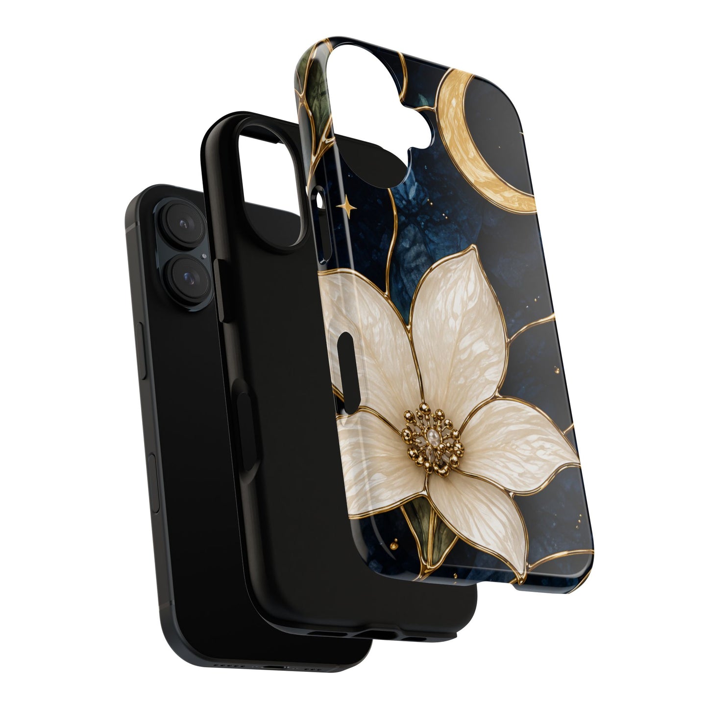 Midnight Blooms Floral Moon Tough Phone Case — Gold Crescent & White Blossom on Navy