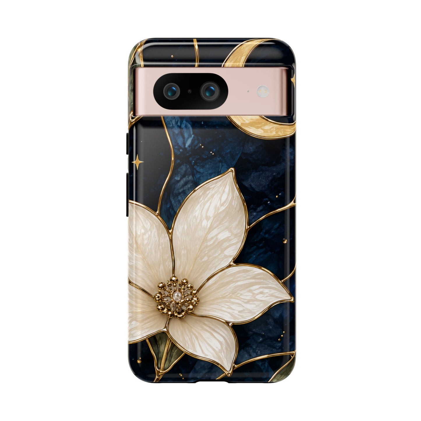 Midnight Blooms Floral Moon Tough Phone Case — Gold Crescent & White Blossom on Navy