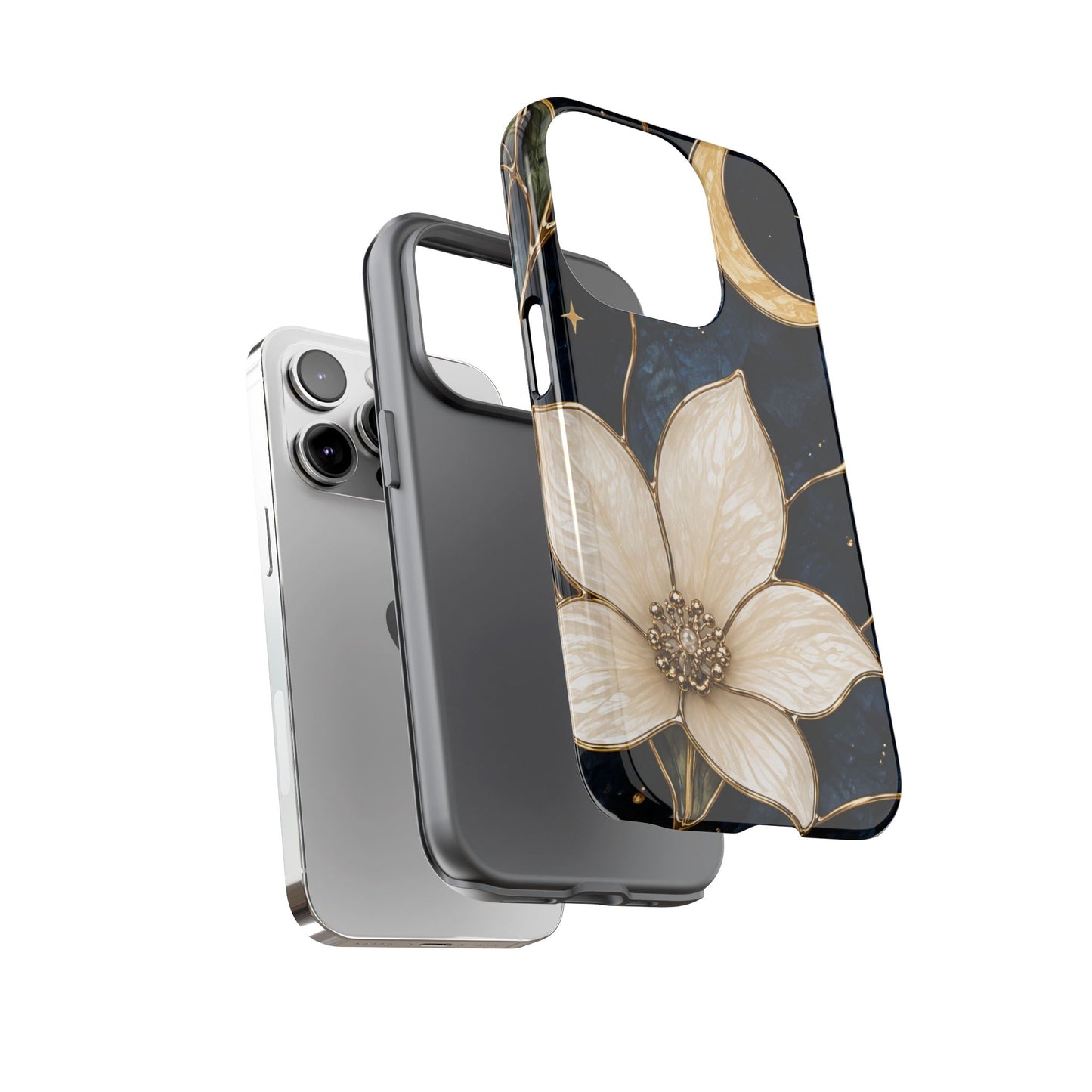 Midnight Blooms Floral Moon Tough Phone Case — Gold Crescent & White Blossom on Navy