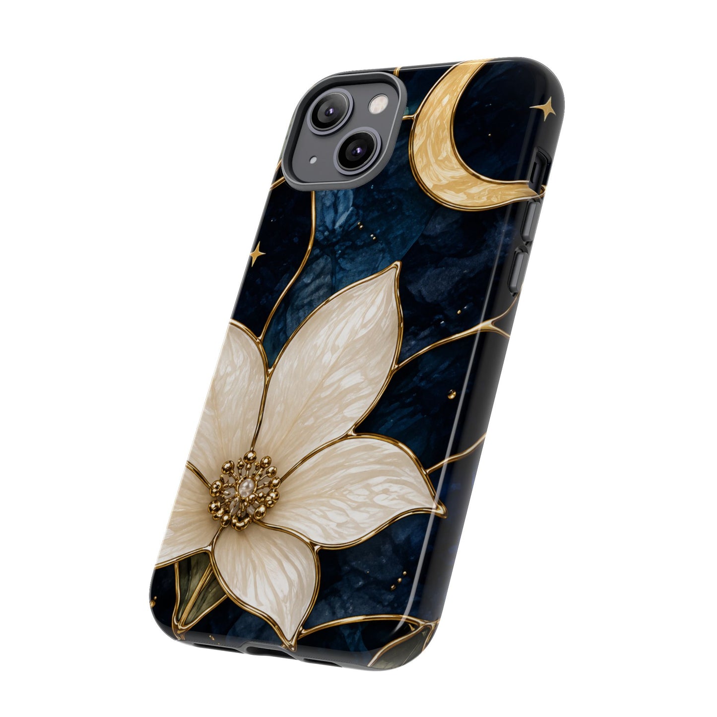 Midnight Blooms Floral Moon Tough Phone Case — Gold Crescent & White Blossom on Navy