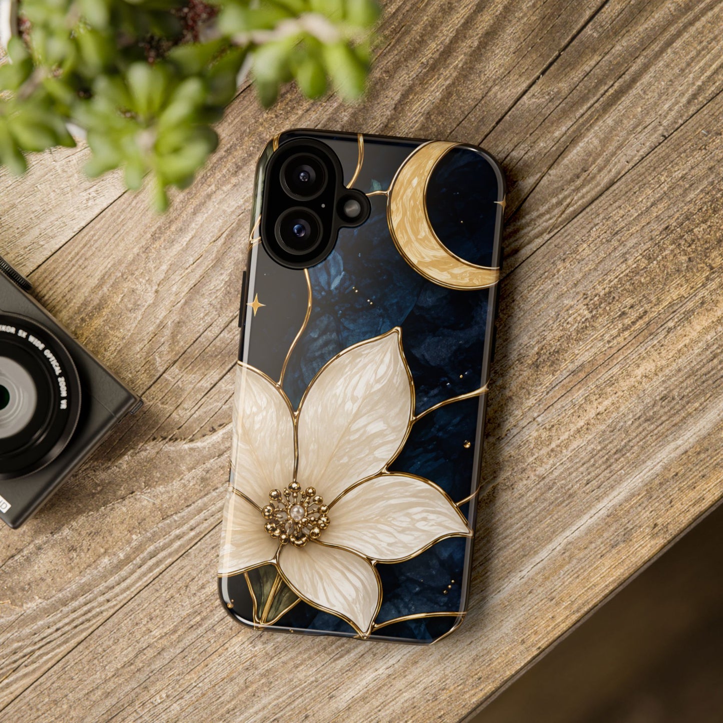 Midnight Blooms Floral Moon Tough Phone Case — Gold Crescent & White Blossom on Navy