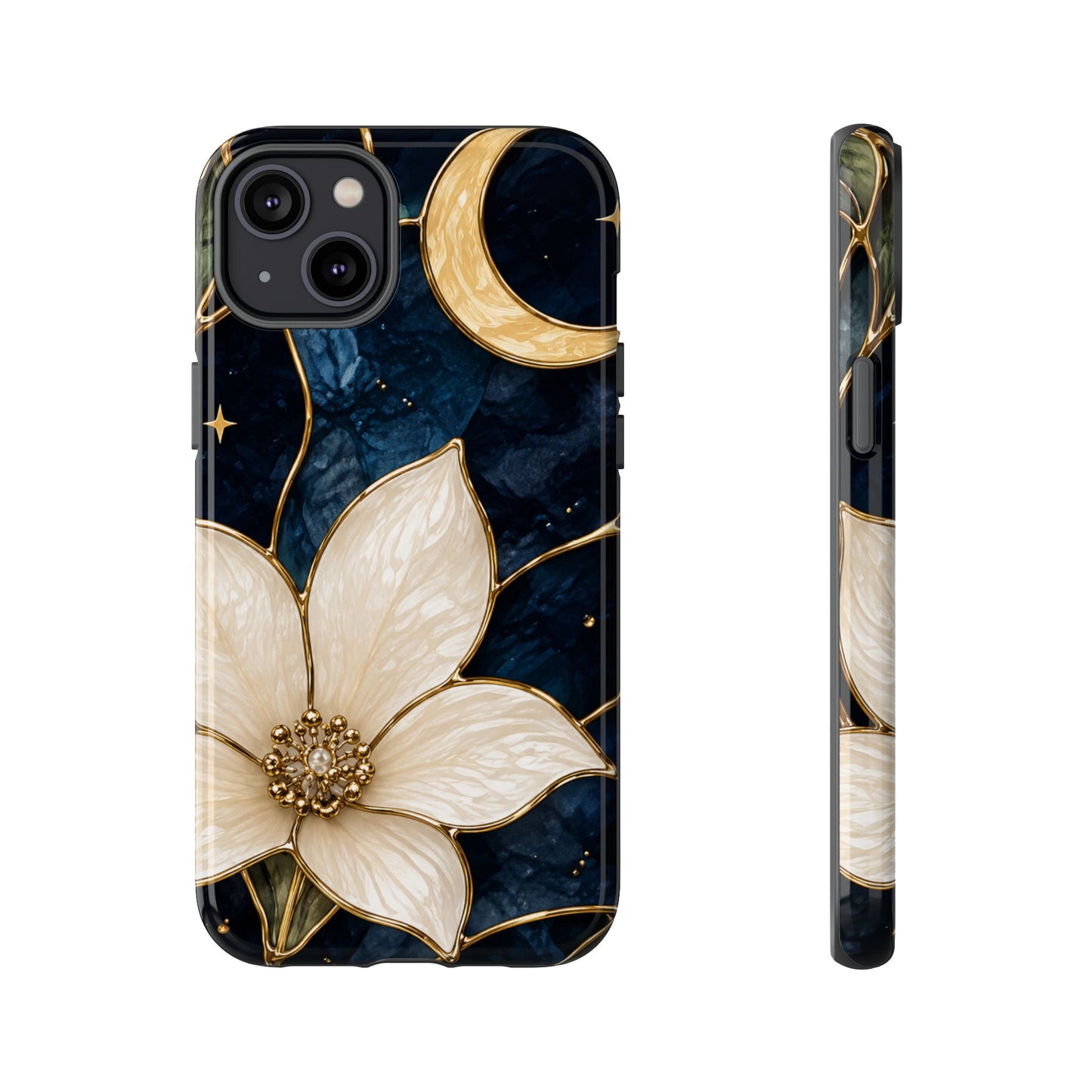 Midnight Blooms Floral Moon Tough Phone Case — Gold Crescent & White Blossom on Navy