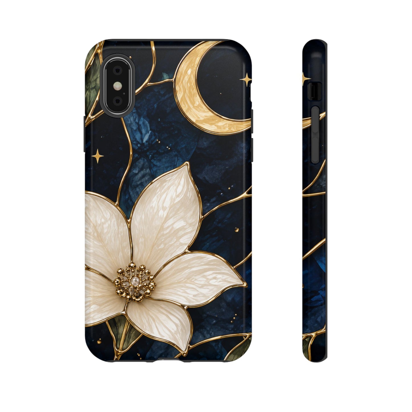 Midnight Blooms Floral Moon Tough Phone Case — Gold Crescent & White Blossom on Navy