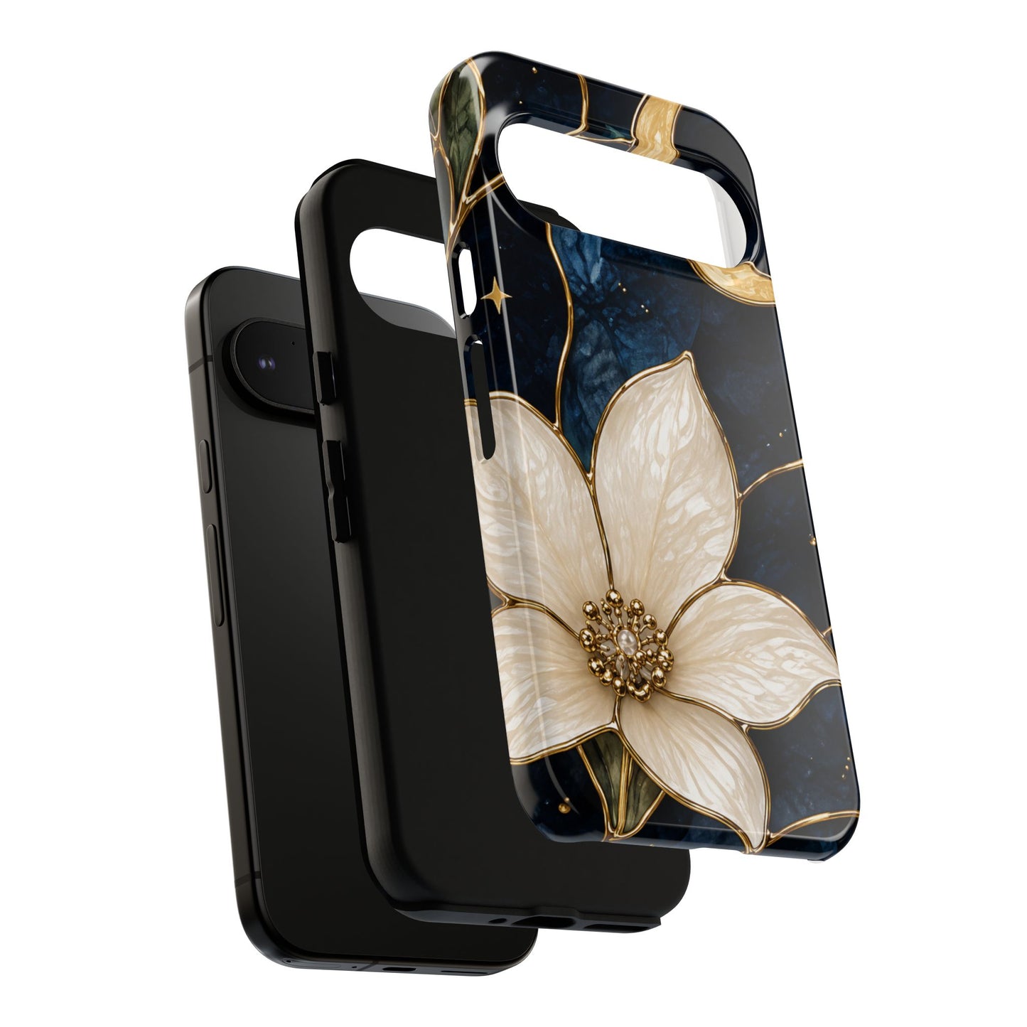 Midnight Blooms Floral Moon Tough Phone Case — Gold Crescent & White Blossom on Navy