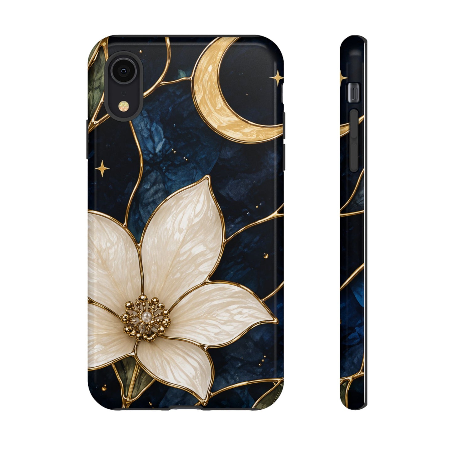Midnight Blooms Floral Moon Tough Phone Case — Gold Crescent & White Blossom on Navy