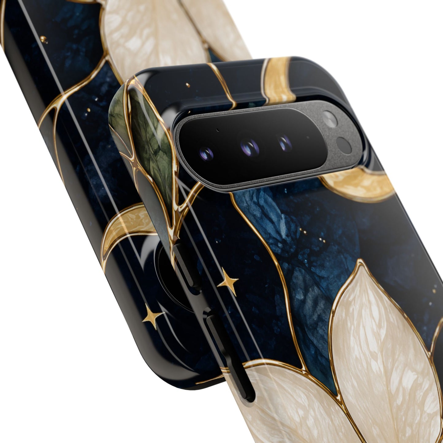 Midnight Blooms Floral Moon Tough Phone Case — Gold Crescent & White Blossom on Navy