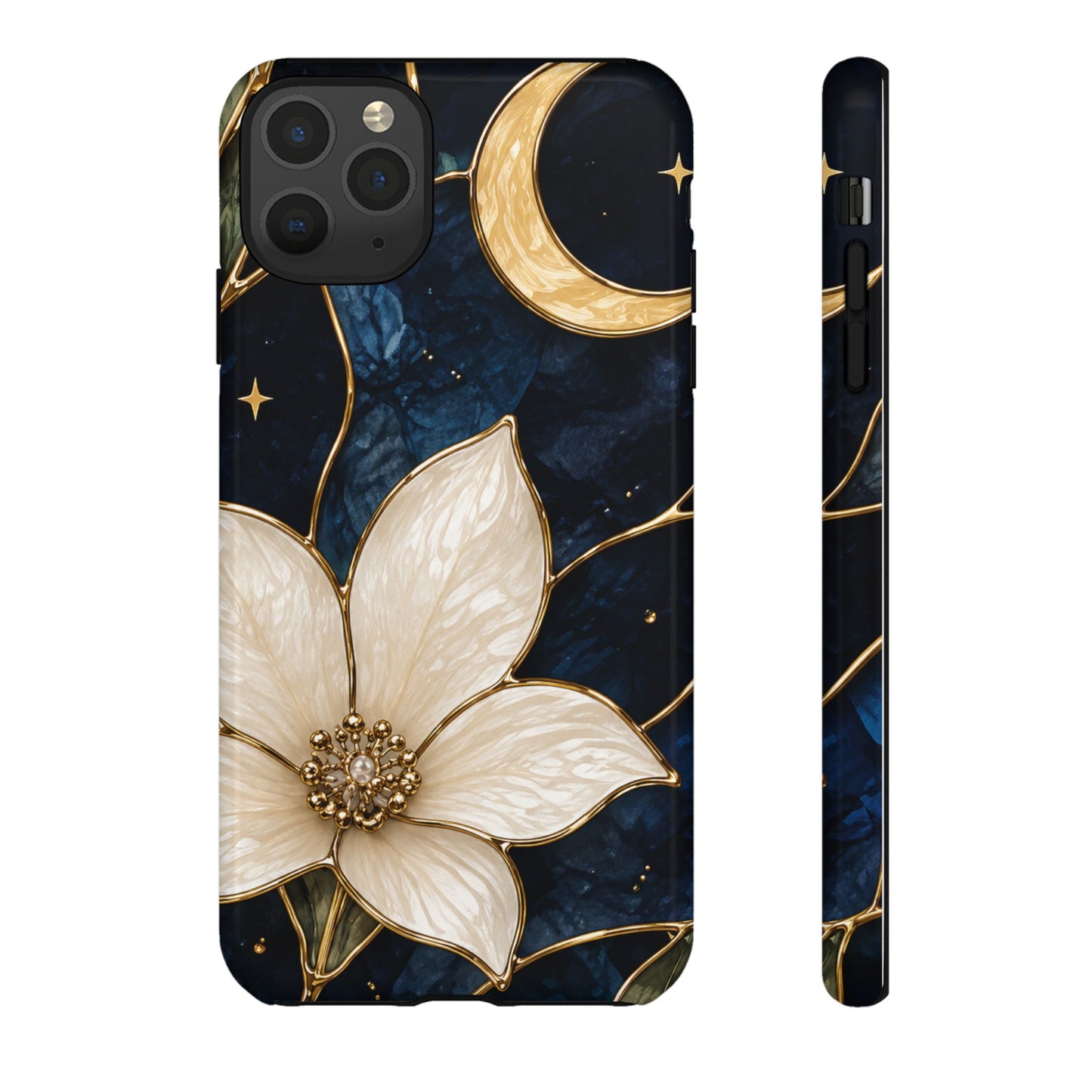 Midnight Blooms Floral Moon Tough Phone Case — Gold Crescent & White Blossom on Navy